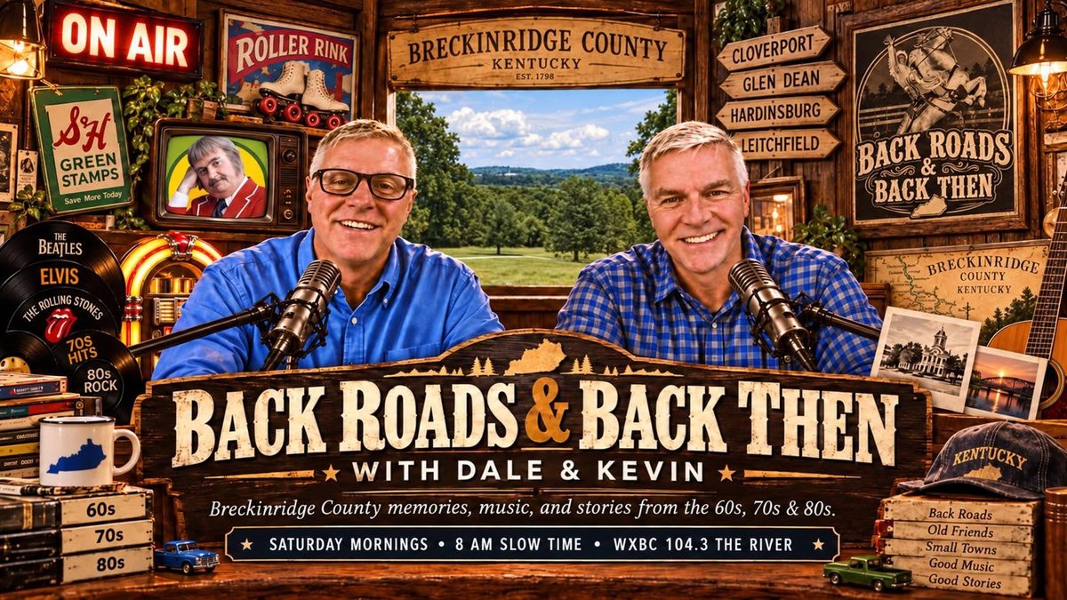 Dale and Kevin at their studio microphones, surrounded by Breckinridge County signs, records, a roller rink poster and an On Air light. The sign reads Back Roads and Back Then with Dale and Kevin, Saturday mornings, 8 AM slow time, WXBC 104.3 The River.